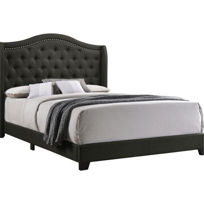 Queen Size Copper Grey Upholstered Wingback Bed With Refined Look, Soft Padding In Fabric, Transitional Bedroom Decor Style, Softly Padded Quality Leather, Classic High - Back For Use