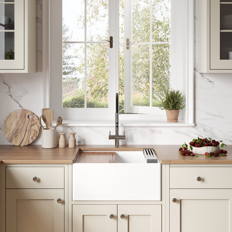 Ruvati 24 inch Fireclay Workstation White Farmhouse Kitchen Sink Apron Front Single Bowl