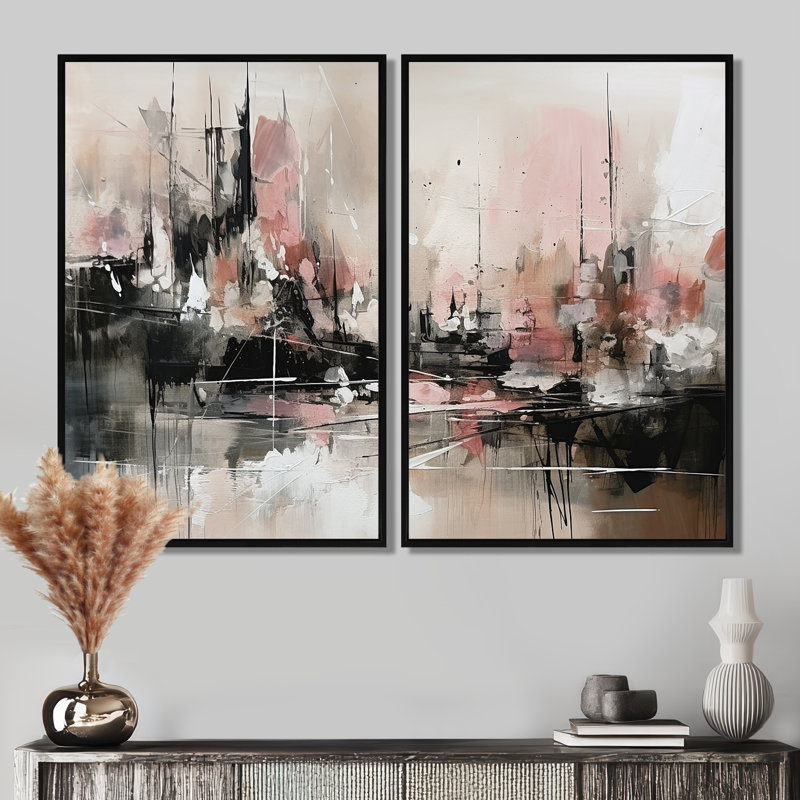 Rose, noir, minimaliste, fludité I - art mural moderne bleu, 36" H x 48" W, Impression encadrée flottante, Black