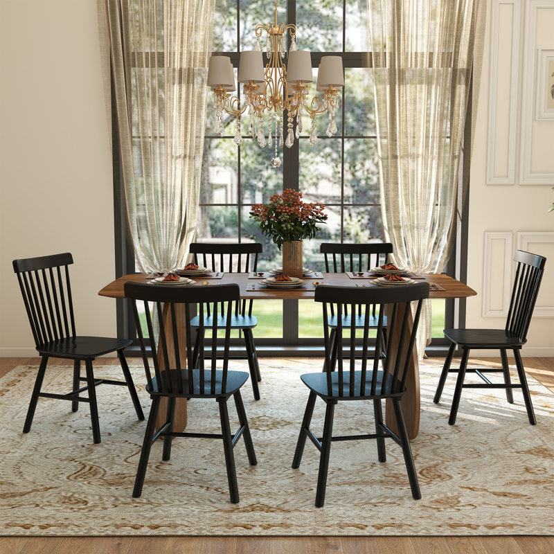 Modern Dining Table Set, Walnut, Black, 7 Pieces: Table, 6 Chairs