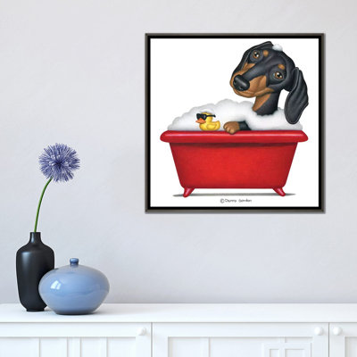 «Black Dachshund in Red Tub» par Danny Gordon - impression d'art graphique