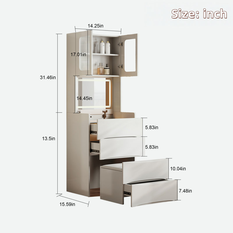 3-in-1 Vanity Table With Led Mirror,  Drawers, Flip-top Compartment And Storage Stool