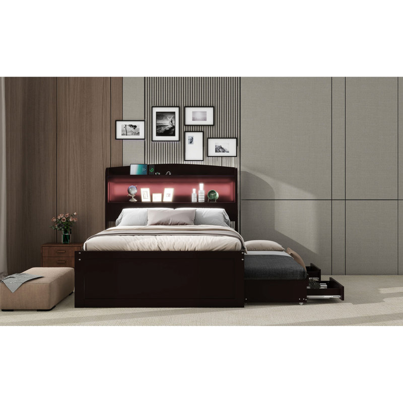 Lit simple TG avec rangement, tête de lit à DEL et de charge, lit gigogne, 2 tiroirs, plateforme de rangement brun foncé