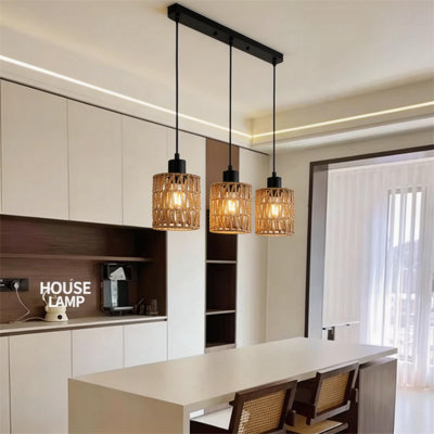 3-Light Rattan Pendant Light, Adjustable Height,Farmhouse Natural Woven Cage(No Bulbs)