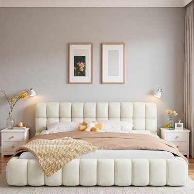 Upholstered Platform Bed With Stitching Details And Strong Support