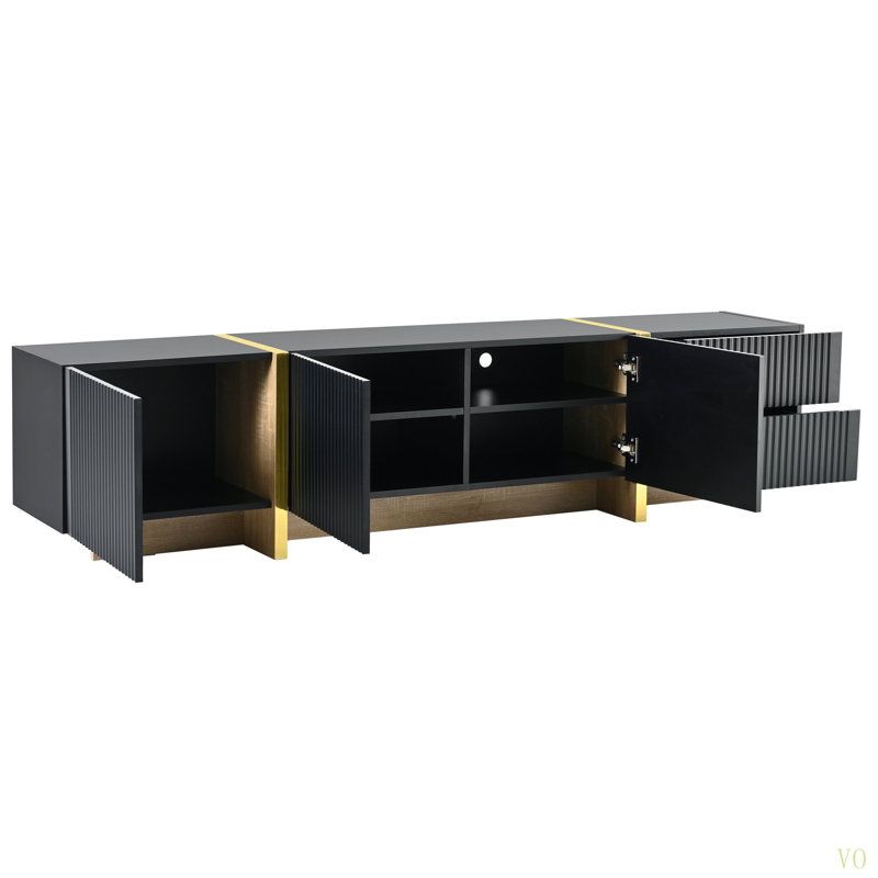 Meuble télé de luxe cannelé pour téléviseur de 80 po ou moins, centre de divertissement moderne avec armoires et tiroirs de rangement, console multimédia lisse avec pieds en grain de bois doré pour le salon