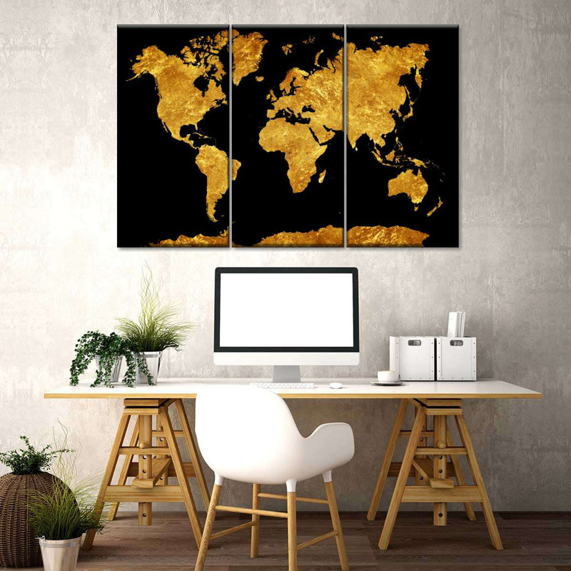 Carte du monde doré sur toile, ensemble de 3 pièces, H 28 po x l 45 po x P 1,25 po