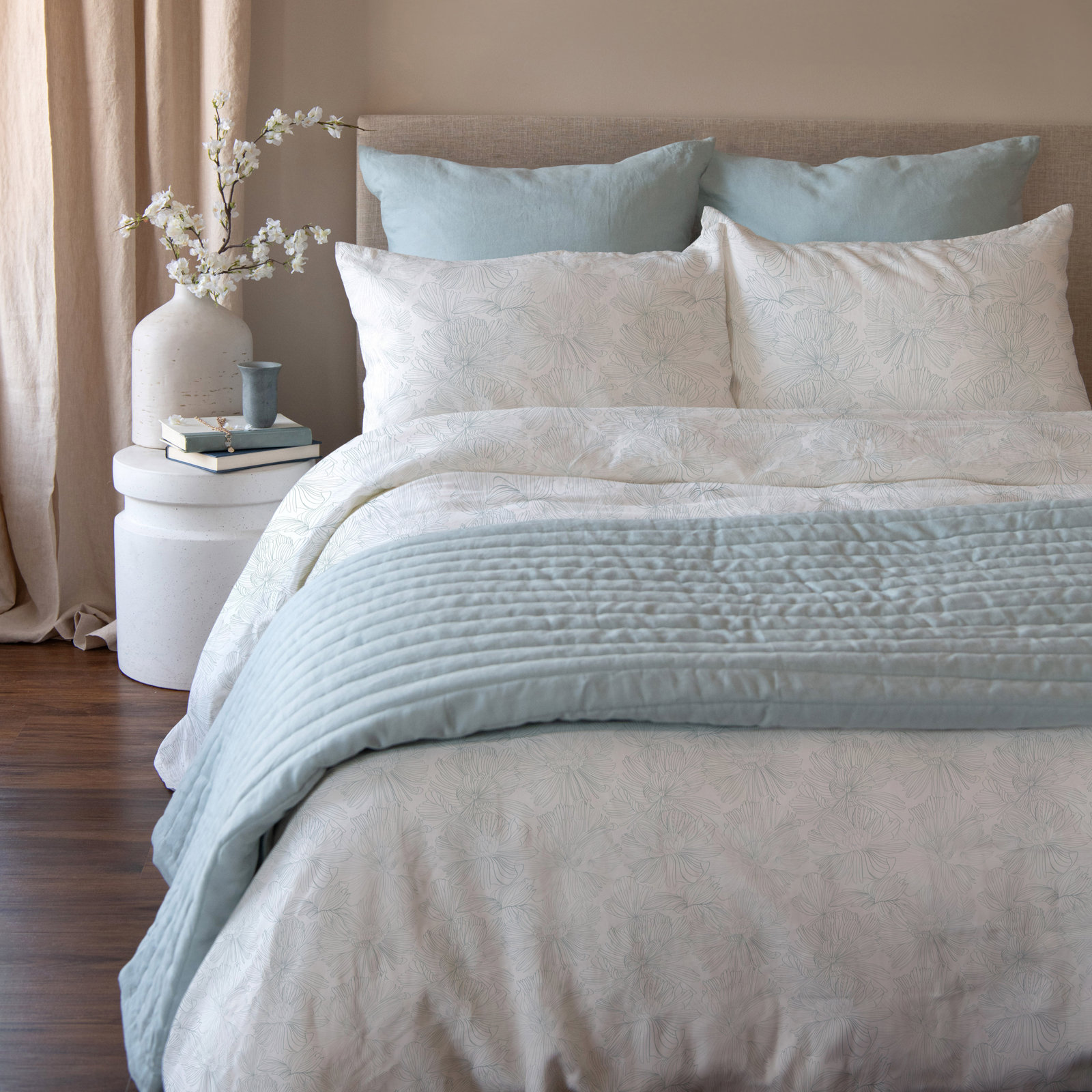 100% French Linen Duvet Cover, Twin Duvet Cover, Cream/Wave Floral