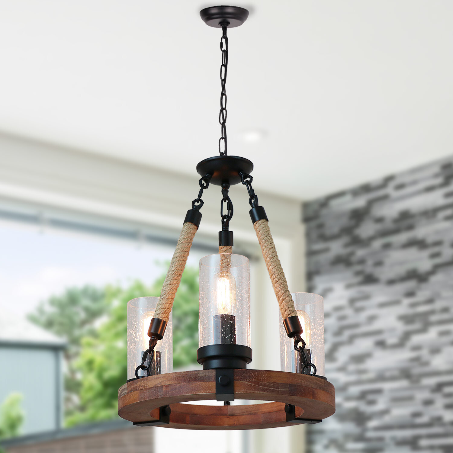 Industrial Country Style Farmhouse Chandelier Metal Solid Wood Chandeliers  3-Lights Rustic Vintage Farmhouse Dimmable Height Pendant Lighting Fixture