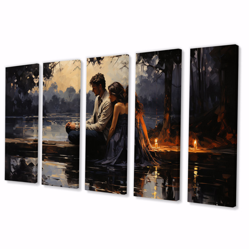 «Romantic Couple Landscape Glimpse I», impression d'art mural paysage romantique - 5 panneaux égaux