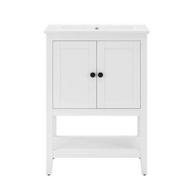 Meuble-lavabo de style moderne avec lavabo en céramique, armoire à cadre en bois avec tablette de rangement ouverte