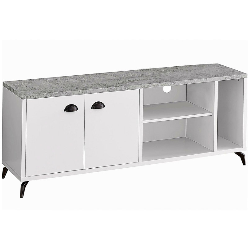 Meuble télé, 60 po, console, centre multimédia, armoire de rangement, salon, chambre à coucher, bois composite blanc et gris, métal noir