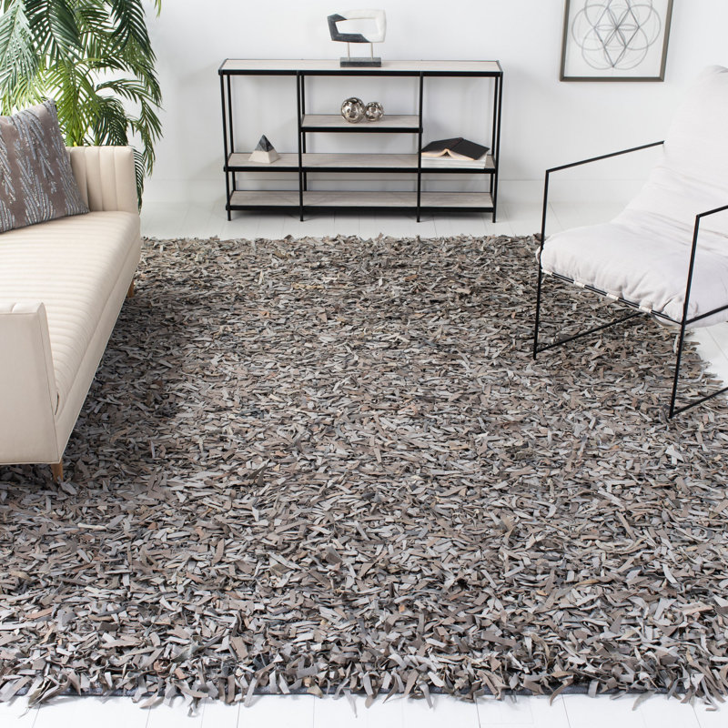 Tapis en cuir / coton tissé à la main Arik en beige / gris, Rectangle 6 pi x 9 pi