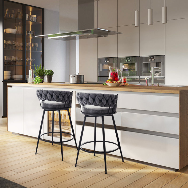 Safeer 28" Counter Height Bar Stools Set of 6 - 360° Swivel with Suede Fabric & Modern Woven Design, Backrest & Footrest for Kitchen Cafe Pub