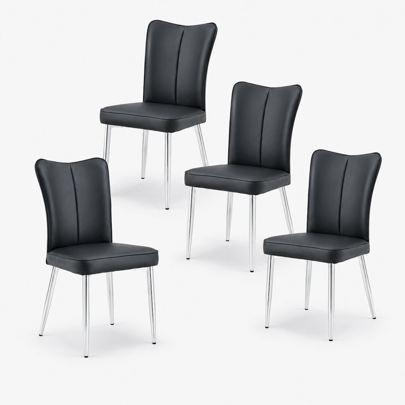 Faux Leather Upholstered Metal Dining Chair, Black, Silver