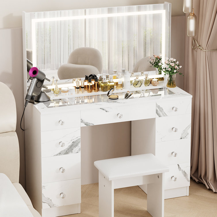 Glass Top Nykee Set With LED Mirror & Power Outlets, 9 Drawers With Diamond Handles