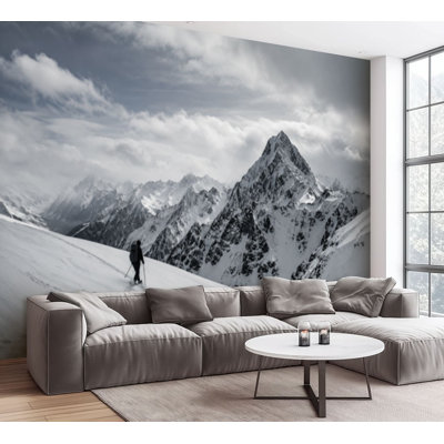 Papier peint adhésif noir et blanc montagnes enneigées enneigées, photos de ski rétro auto-adhésif, papier contact amovible, décoration murale pour le salon, la chambre à coucher