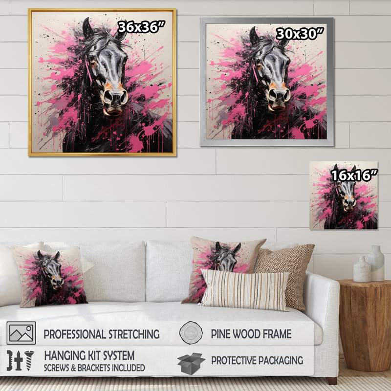 Black Pink Horse Vibrant Equine Pointillism - Animals Canvas Art Print, H 16 po x l 16 po x P 1 po, Cadre photo noir