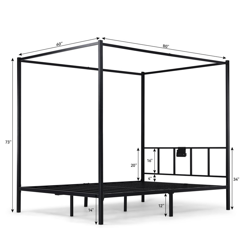 Canopy Bed Frame, Metal Bed Frame With Movable Charging Station, Four-Poster Canopy Bed With Built-In Headboard And Under Bed Storage Space, No Box Spring Needed, Easy Assembly, Black