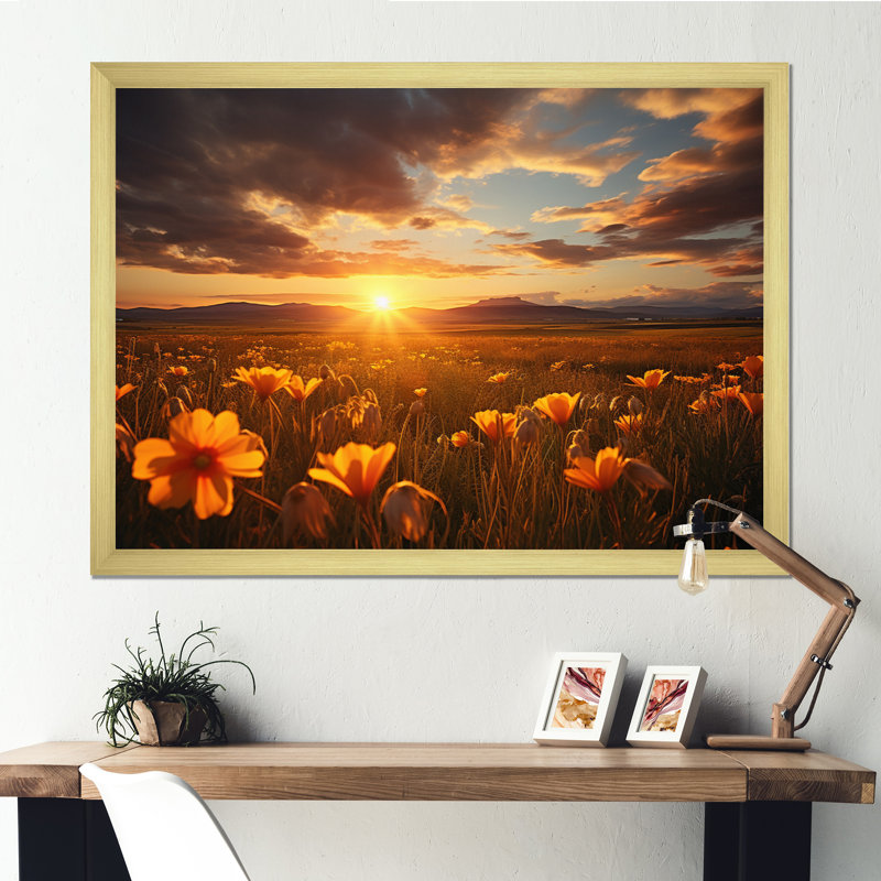 Coucher de soleil sur les prairies - Reproduction d'art mural paysage coucher de soleil, Encadrement doré