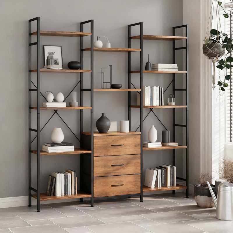 Industrial 5-Tier Bookshelf With 3 Fabric Drawers And 10 Display Shelves, Heavy-Duty Bookcase For Home Office Storage And Organization