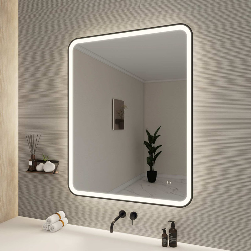 42 Round LED Front and Backlit Wall Mirror in Black, Black, 42" x 33"