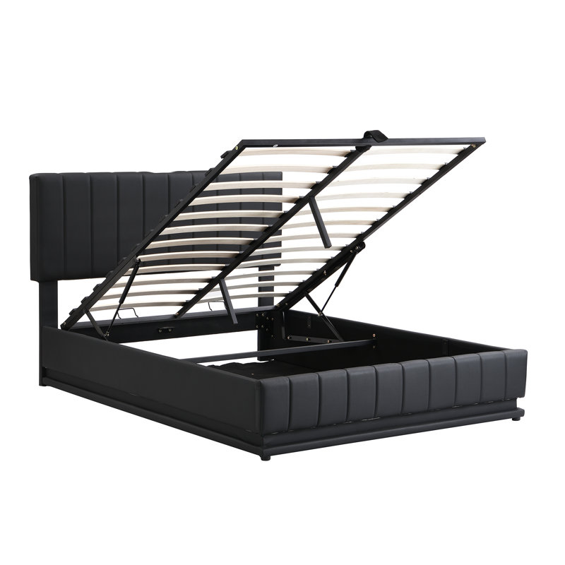 Size Upholstered Bed With Hydraulic Storage System And LED Light, Modern Platform Bed With Sockets And USB Ports,, Lit double