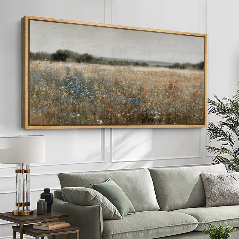 Grande impression sur toile encadrée - impression de paysage de champ de fleurs sauvages rétro pour décor de maison de campagne moderne