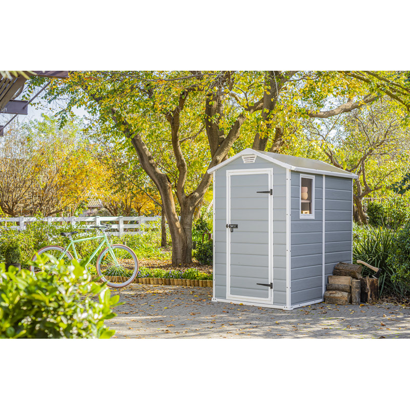Keter Manor 4x6 ft. Durable Resin Outdoor Storage Shed With Floor and Double Doors for Garden Patio Furniture and Tools, Grey