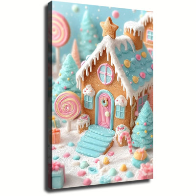 Pastel Candy Gingerbread House Winter Fantasy Scene, Large Gallery Wrapped Canvas Wall Art Print For Living Room Bedroom