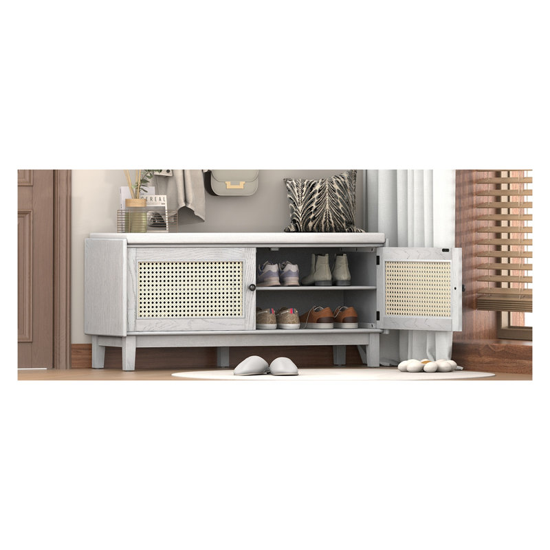 TREXM Boho Rattan Entryway Bench with Storage and Cushioned Seat, Beige and Gray Wash Finish, Gray Wood