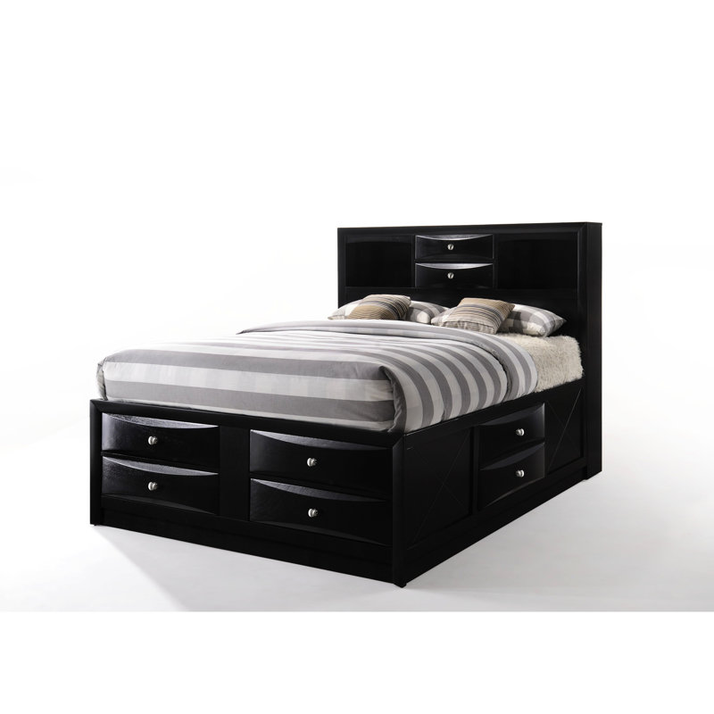 Lit double avec rangement à finition noire - 8 tiroirs, sans sommier, technique de cintrage du bois avec option de création