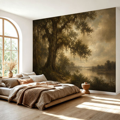 Wall Mural Peel and Stick Wallpaper Ancient Oak Tree Spanish Moss Misty Sepia Woodland Landscape Self-Adhesive Removable Contact Paper Wall Decor for Living Room Bedroom 69"H x 96"W