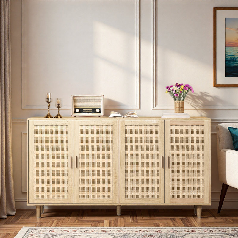 4-door Sideboard With Rattan Decoration And Adjustable Shelf