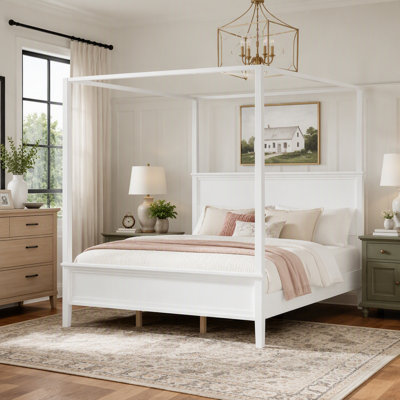 Lit à baldaquin polyvalent à 4 colonnes en pin massif, MDF durable et rangement sous le lit, idéal pour les intérieurs de style rustique et moderne de ferme.