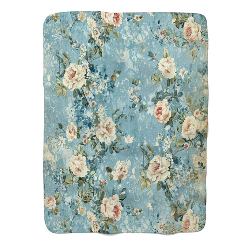Floral antique bleu - couverture Sherpa de qualité supérieure 1 pièce, Grand lit