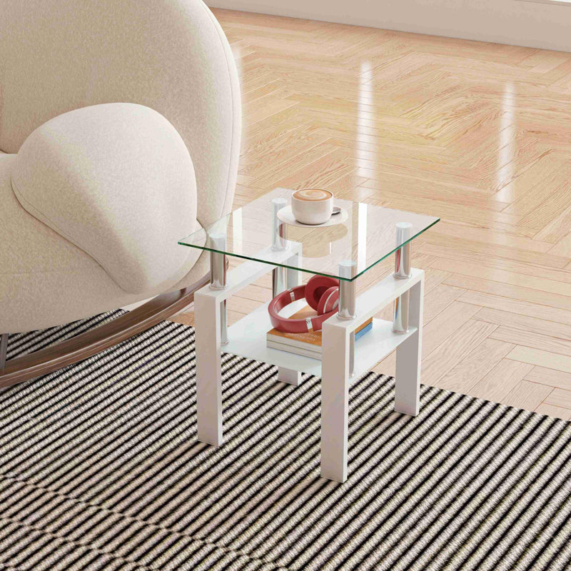 Table d'appoint moderne de haute qualité en verre trempé de haute qualité, Clair, Blanc