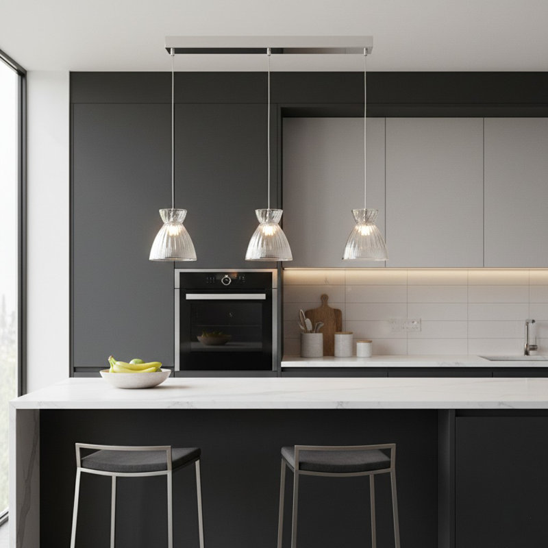 3 - Light Chrome LED Kitchen Island Pendant, Transparent