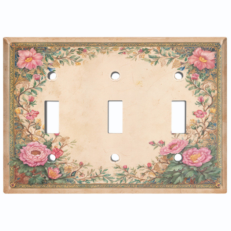Couvercle de plaque d'interrupteur en métal; Bascule à 3 bandes US standard - cadre floral rétro rose, #3 Triple Toggle