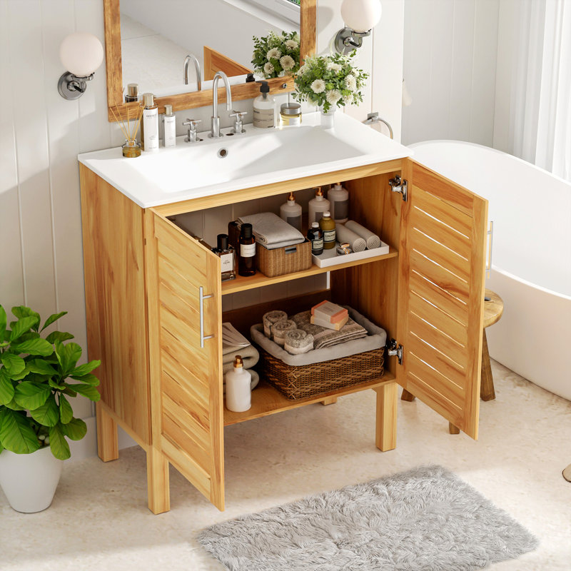Meuble-lavabo avec lavabo en céramique, meuble-lavabo avec 2 portes à fermeture en douceur, meuble-lavabo simple autoportant pour la maison, rangement pour la salle de bain