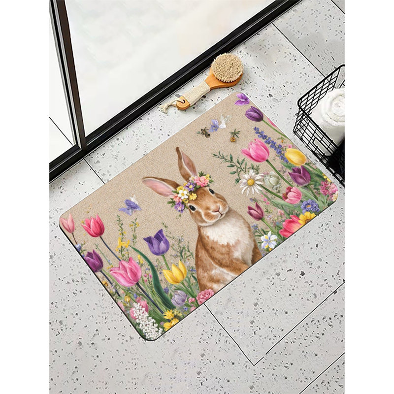 Tapis de bain Lapin avec couronne de fleurs, 36 x 24 pouces