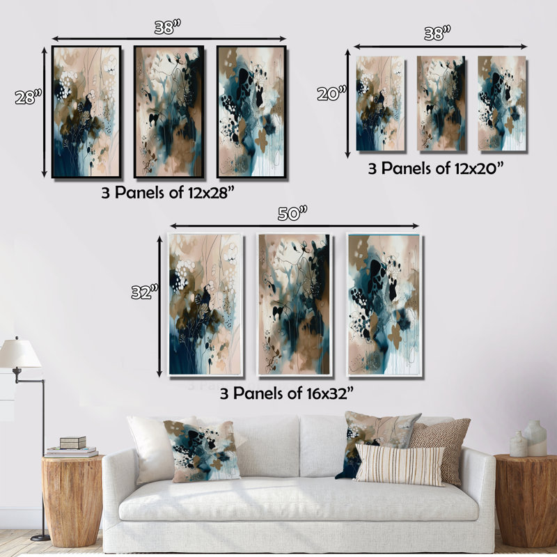 3 pièces sur toile - reflets abstraits bleus, Cadre flottant blanc, H 28 po x l 36 po