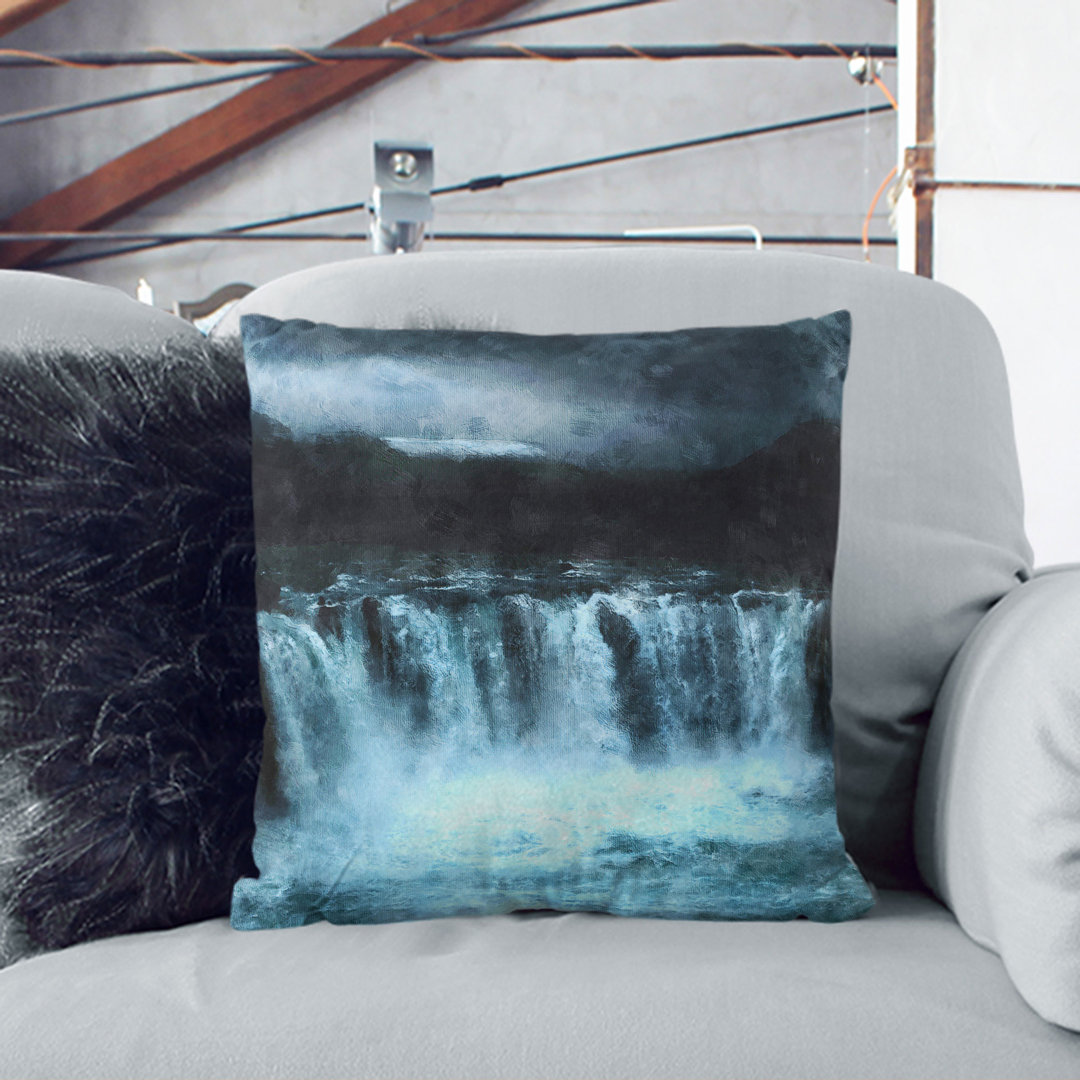 Moody Waterfall in Iceland Painting Scatter Cushion Pillow