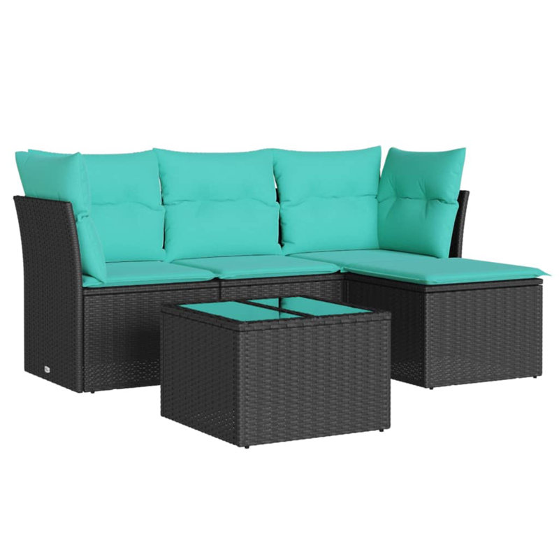 Ensemble de canapé de patio 5 pièces avec coussins en rotin de polyester, Bleu clair, Noir