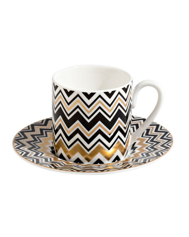 Missoni Coffee Cup & Saucer ZIG ZAG In Luxury Box Diam. 2.3", H 2.5", Cap. 4 Oz, Saucer Diam. 4.75", White/Gold/Black