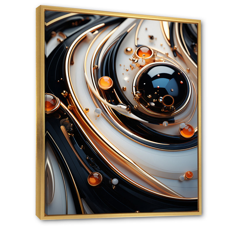 Art liquide, sphères noires et blanches I - formes abstraites sur toile, Cadre flottant doré, H 32 po x l 16 po x P 1 po