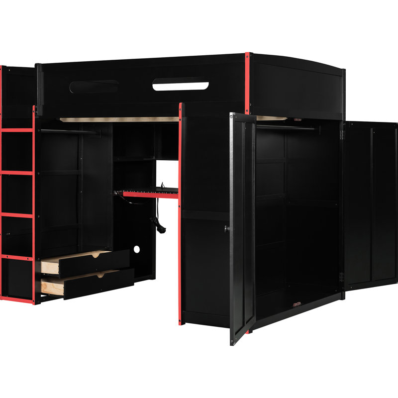 Lit mezzanine double rouge pour jouer, avec bureau, éclairage, bande de rangement pour garde-robe, tiroirs, Noir / Rouge