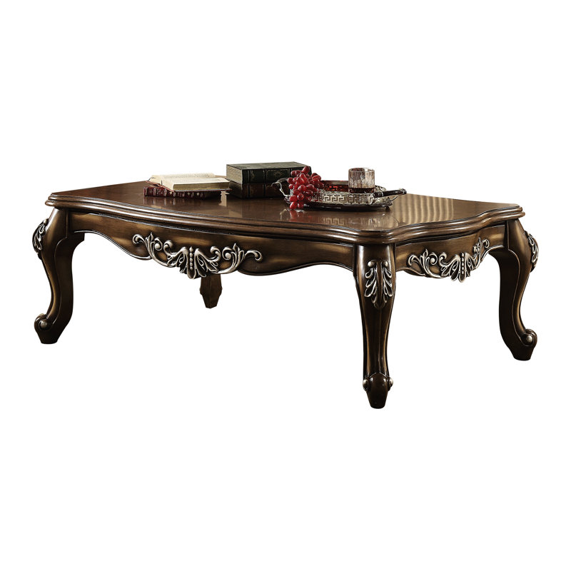 Rectangular Coffee Table Of Antique Oak With Queen Legs, Suitable For Decor Adornment, Scalloped Wood Top Finish, Support, 20 Inches In Height, 57 Width, 35 Depth Featuring Ideal Beverage