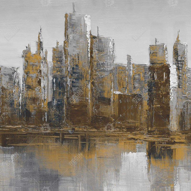 Toile grise et jaune avec paysage urbain | Art moderne de décoration intérieure