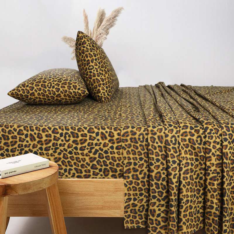 100% Cotton FULL Size Bed Sheets Set with Deep Pockets, Cozy Percale sheets with Elastic Fitted Sheet 4 Piece Bedding and Pillowcase set, Leopard Brown
